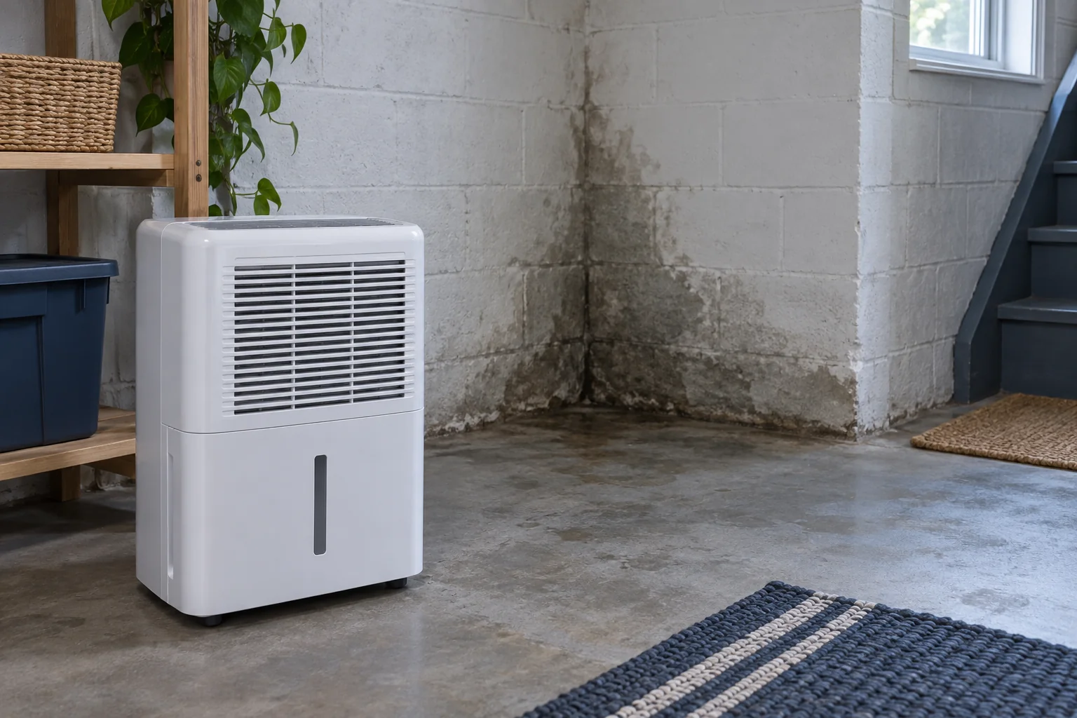 Dehumidifier in a basement with a damp corner behind it