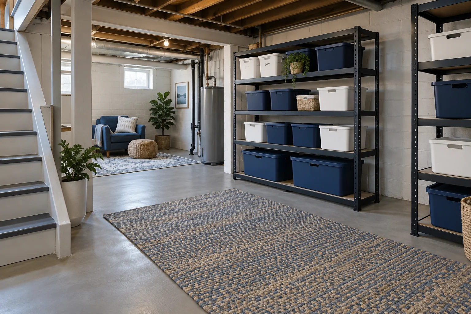 Dry storage totes on open shelving above a basement floor