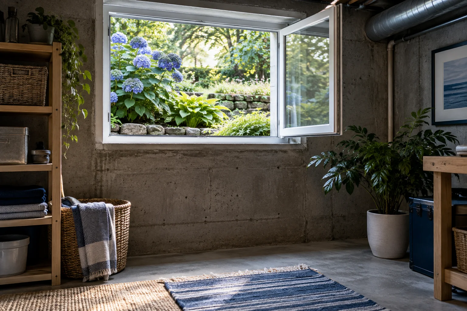 Open basement window overlooking a green summer garden