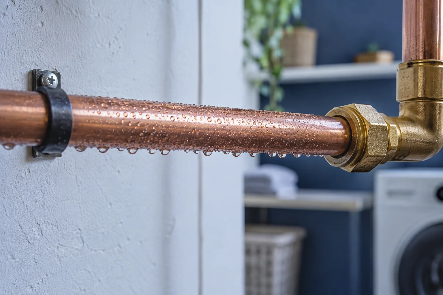 Condensation beads on a copper cold-water pipe in a utility room
