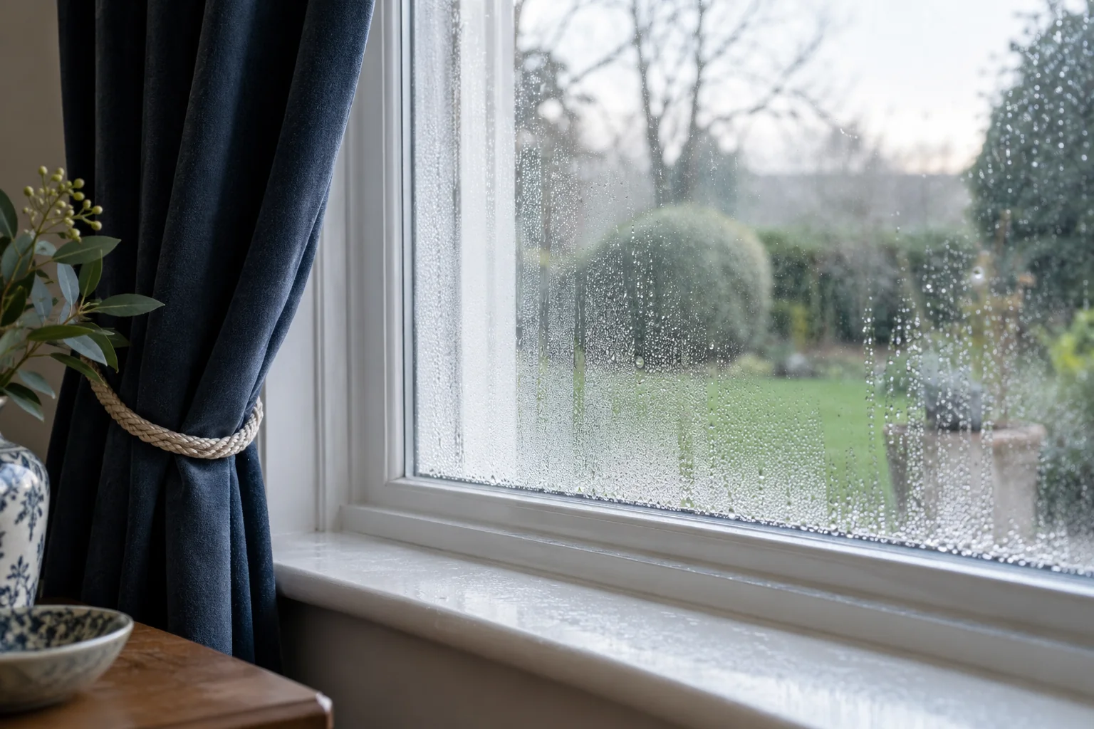 Navy curtain pulled aside to reveal window droplets and damp sill