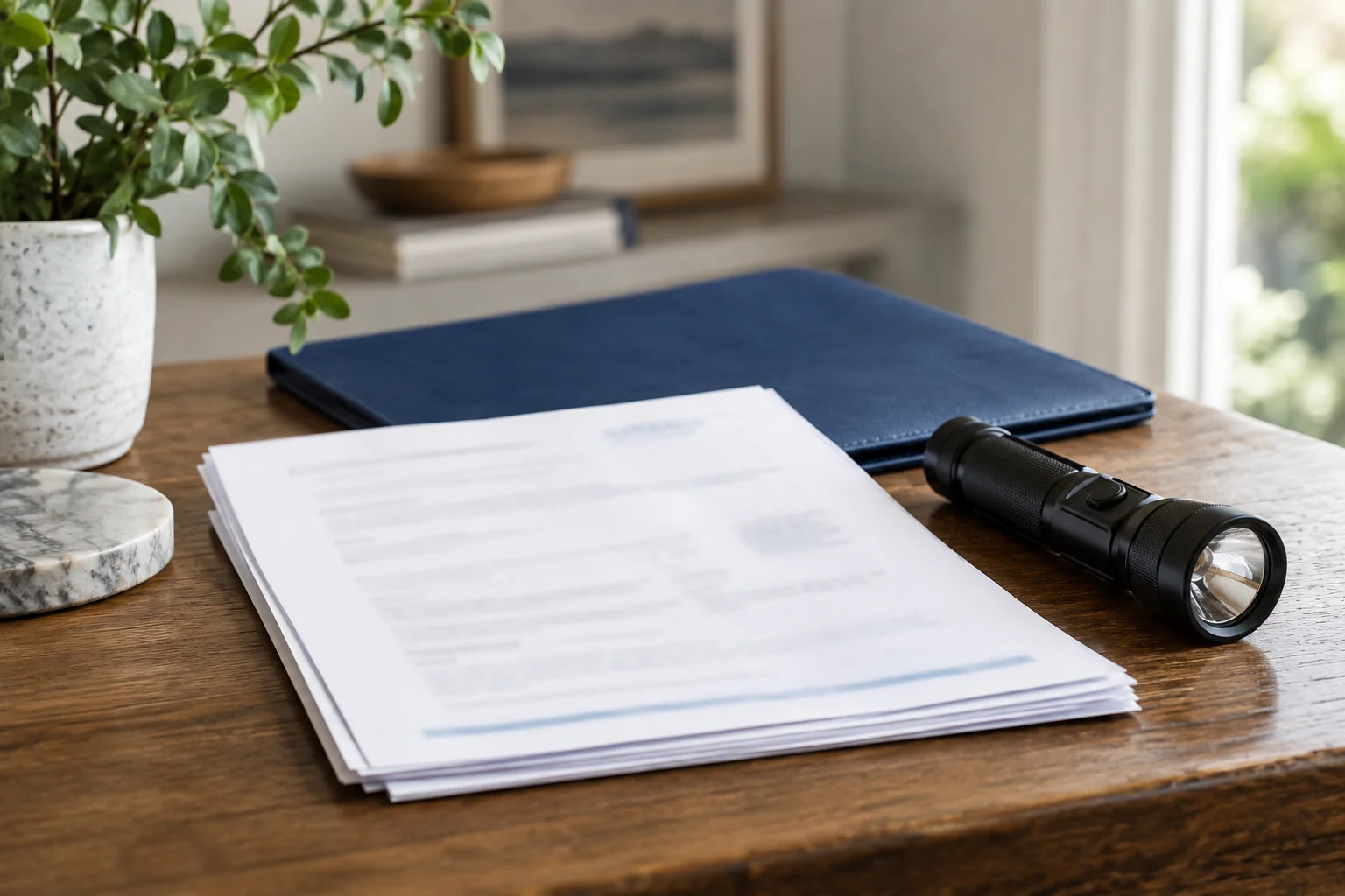 Inspection proposal papers and flashlight on a home desk