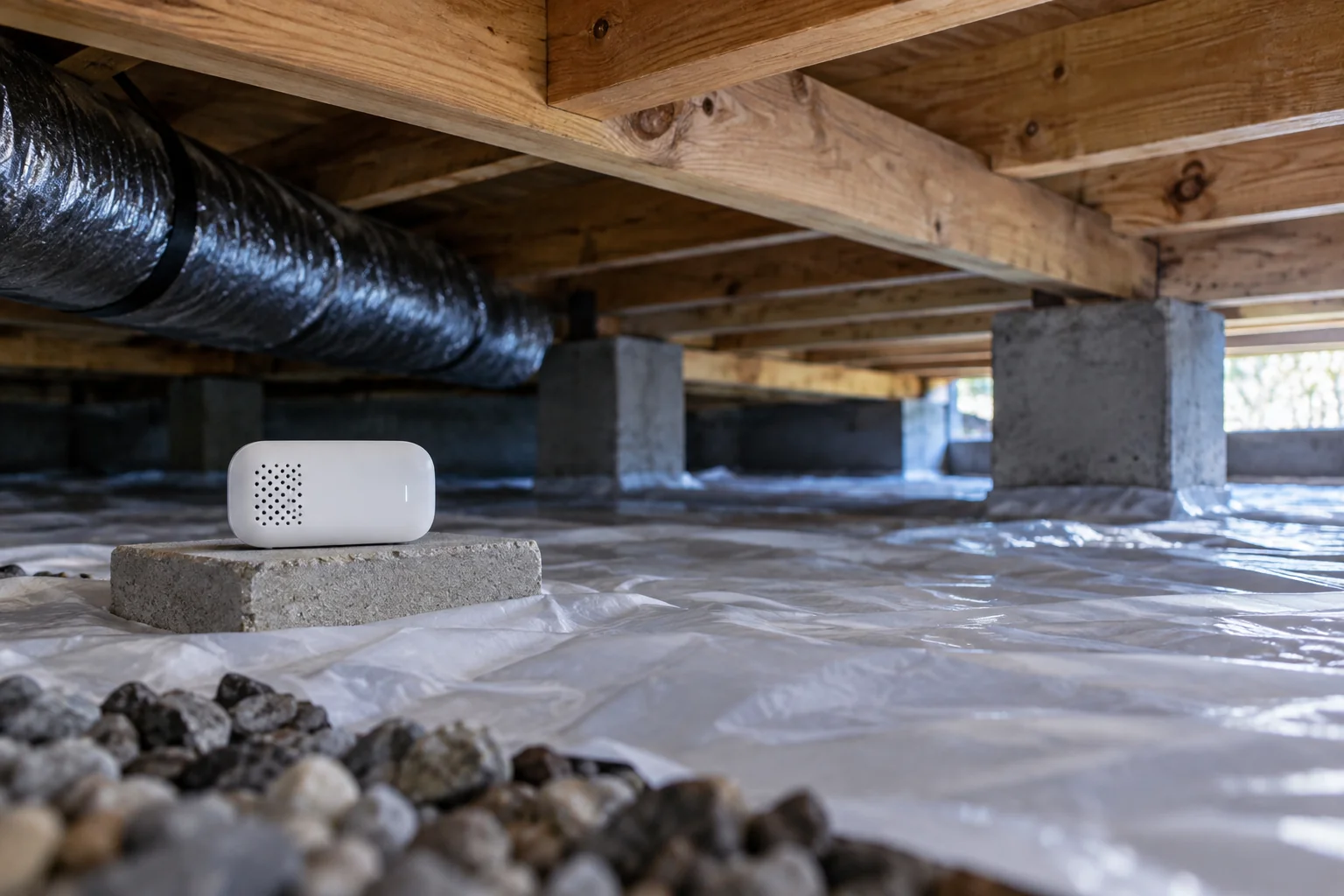 Humidity sensor on a support beneath a timber floor