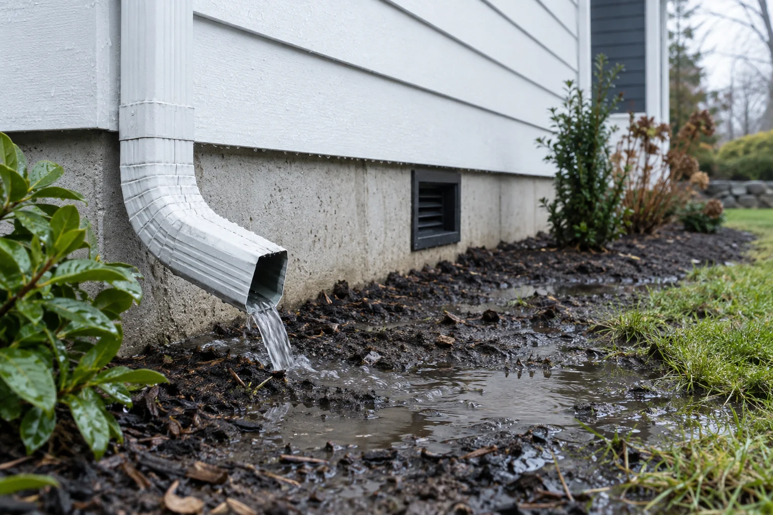 Rain-soaked ground and downspout beside a home foundation