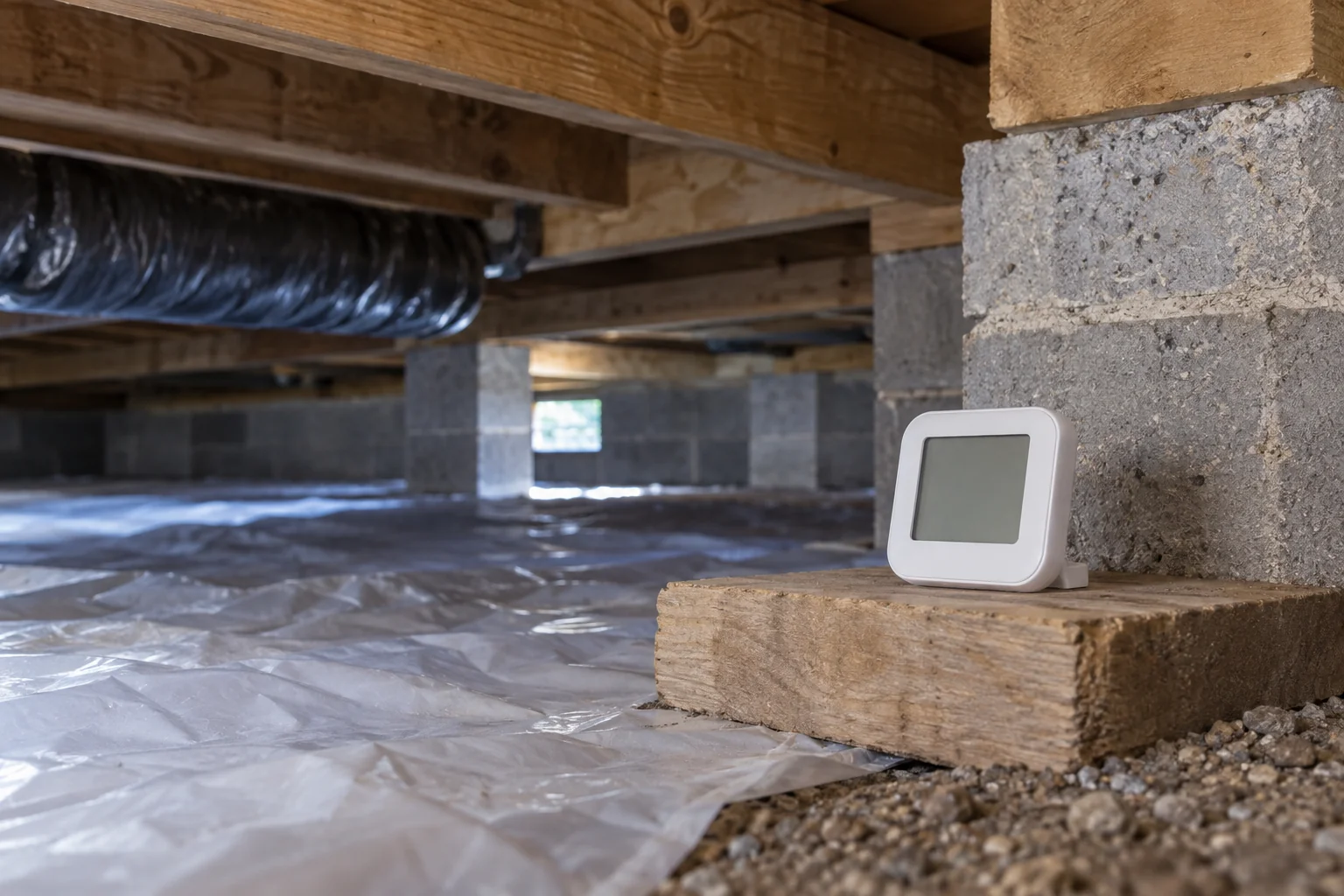 Remote humidity sensor on a support in a crawl space