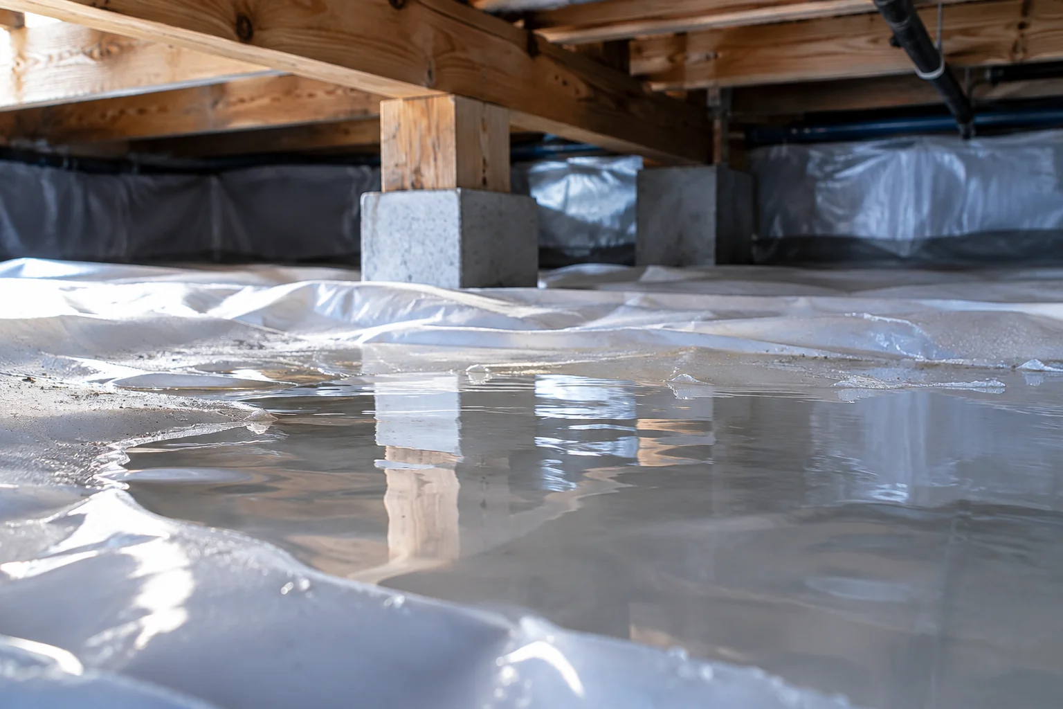 Shallow water collected on top of a crawl-space liner