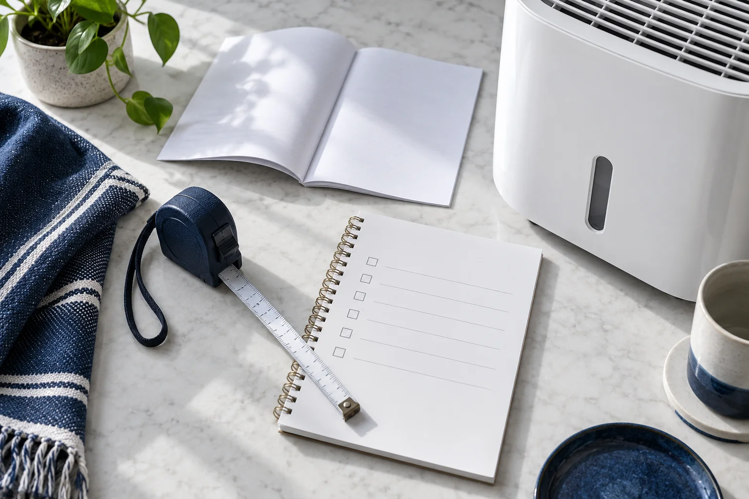 Tape measure and blank buying checklist beside a small dehumidifier.