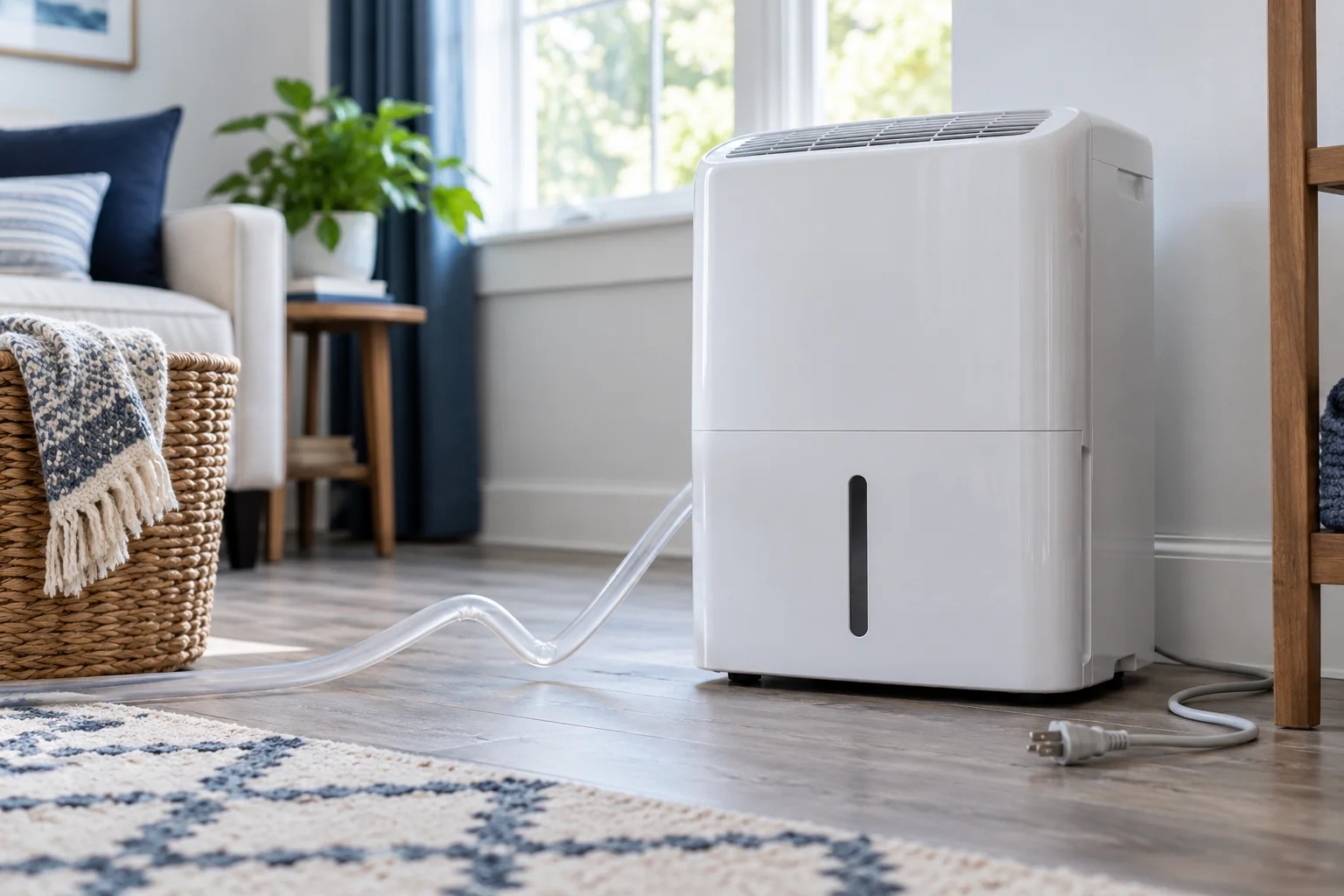 Unplugged dehumidifier with a bent drainage hose beside it