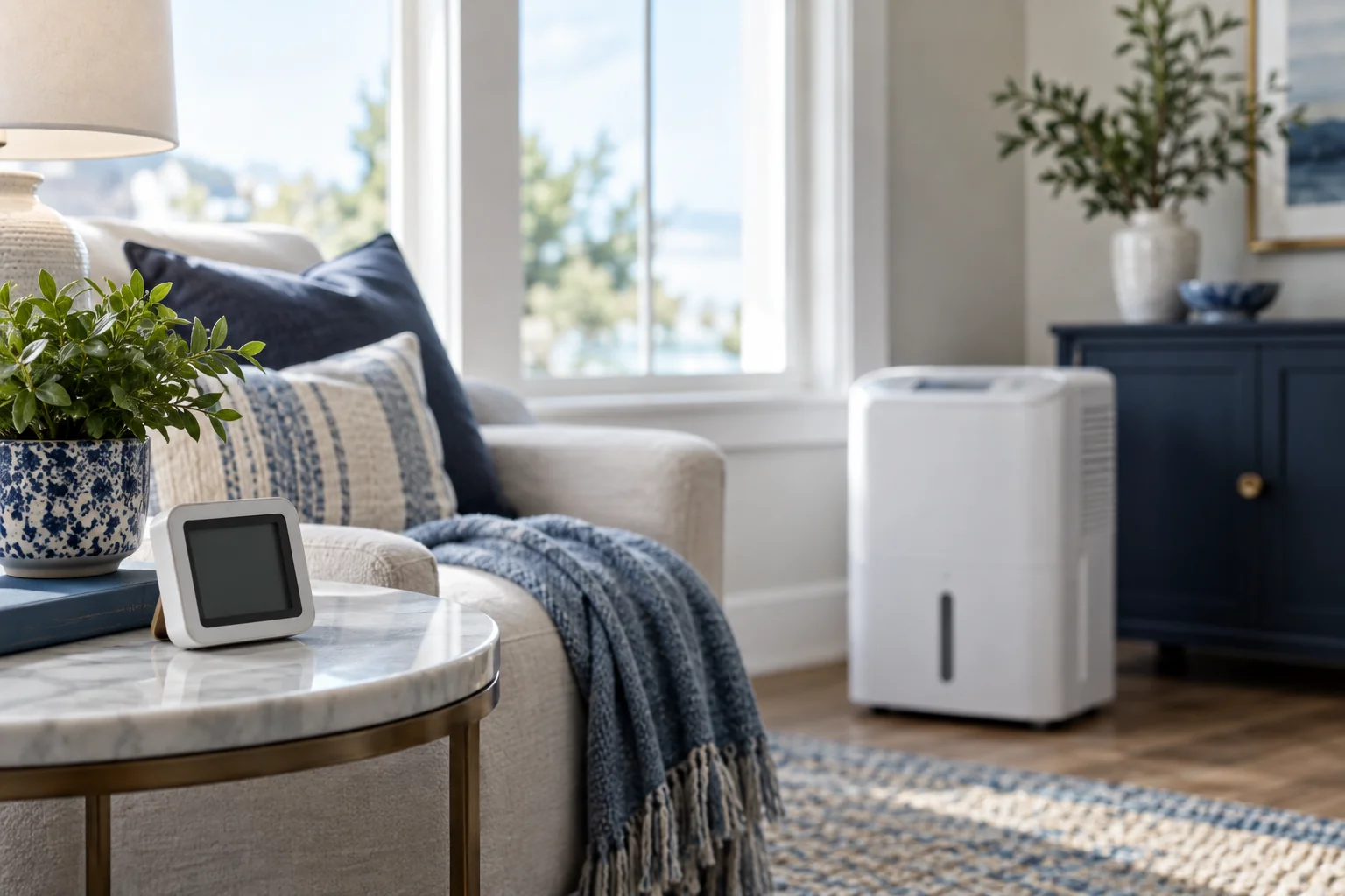 Separate hygrometer beside a dehumidifier with its built-in control panel.