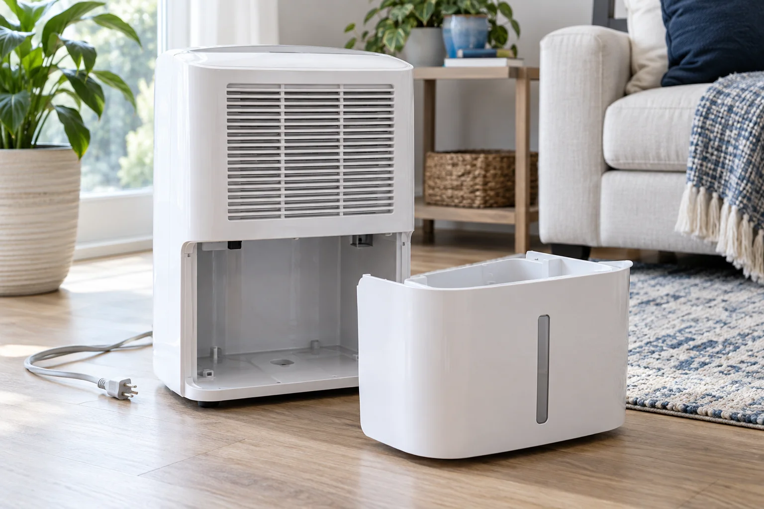 Dehumidifier with an empty removable bucket beside it