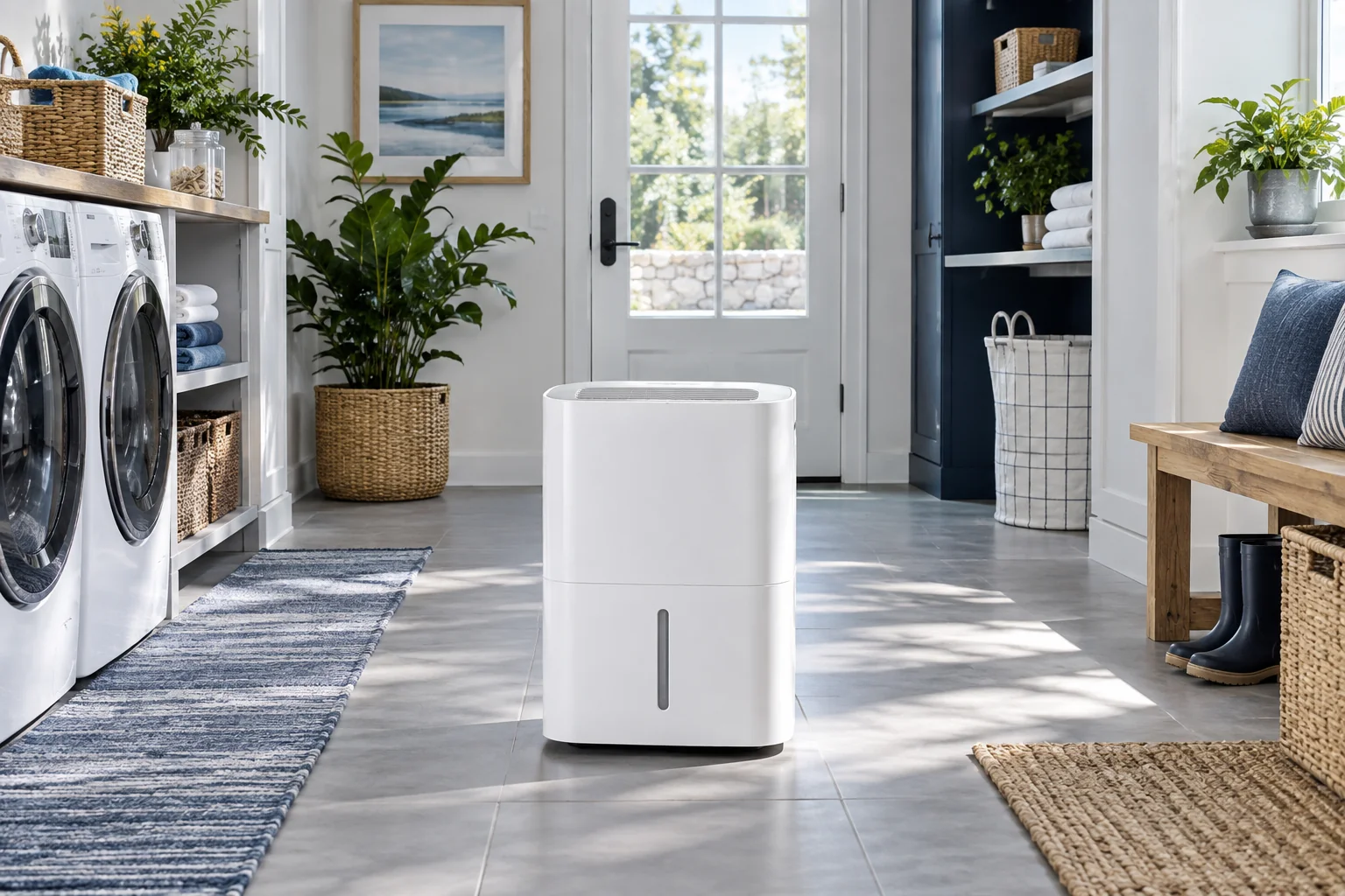 Dehumidifier in an open utility room clear of surrounding storage