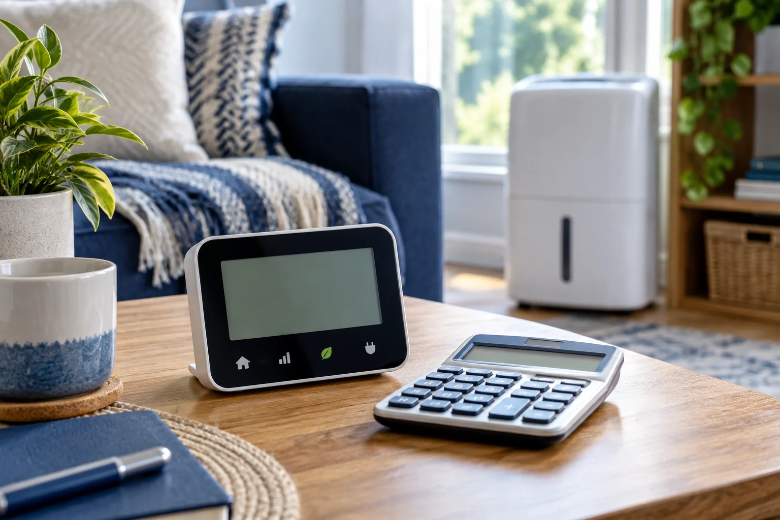 Energy meter and calculator with a dehumidifier in the background