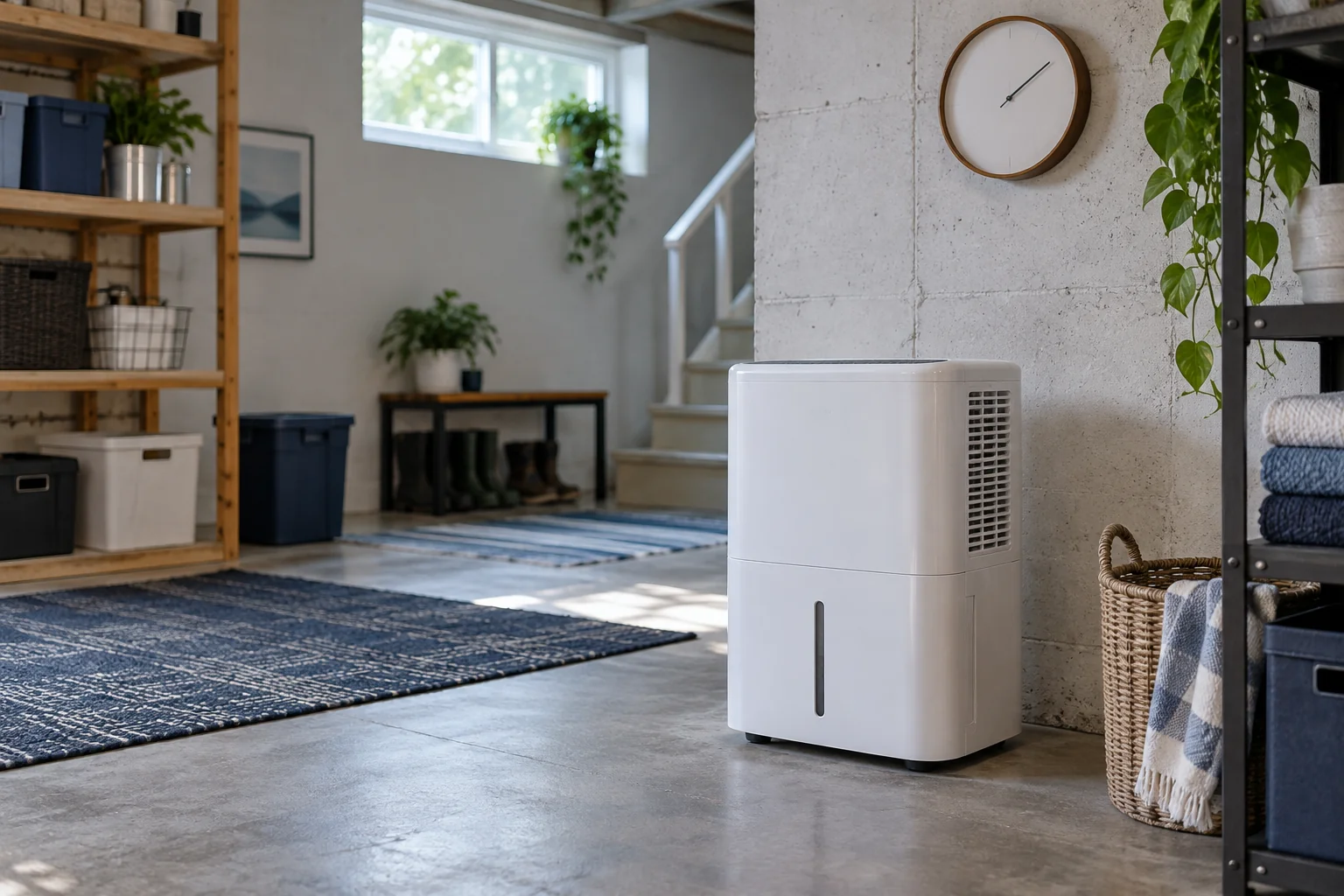 Dehumidifier in a basement with a wall clock nearby