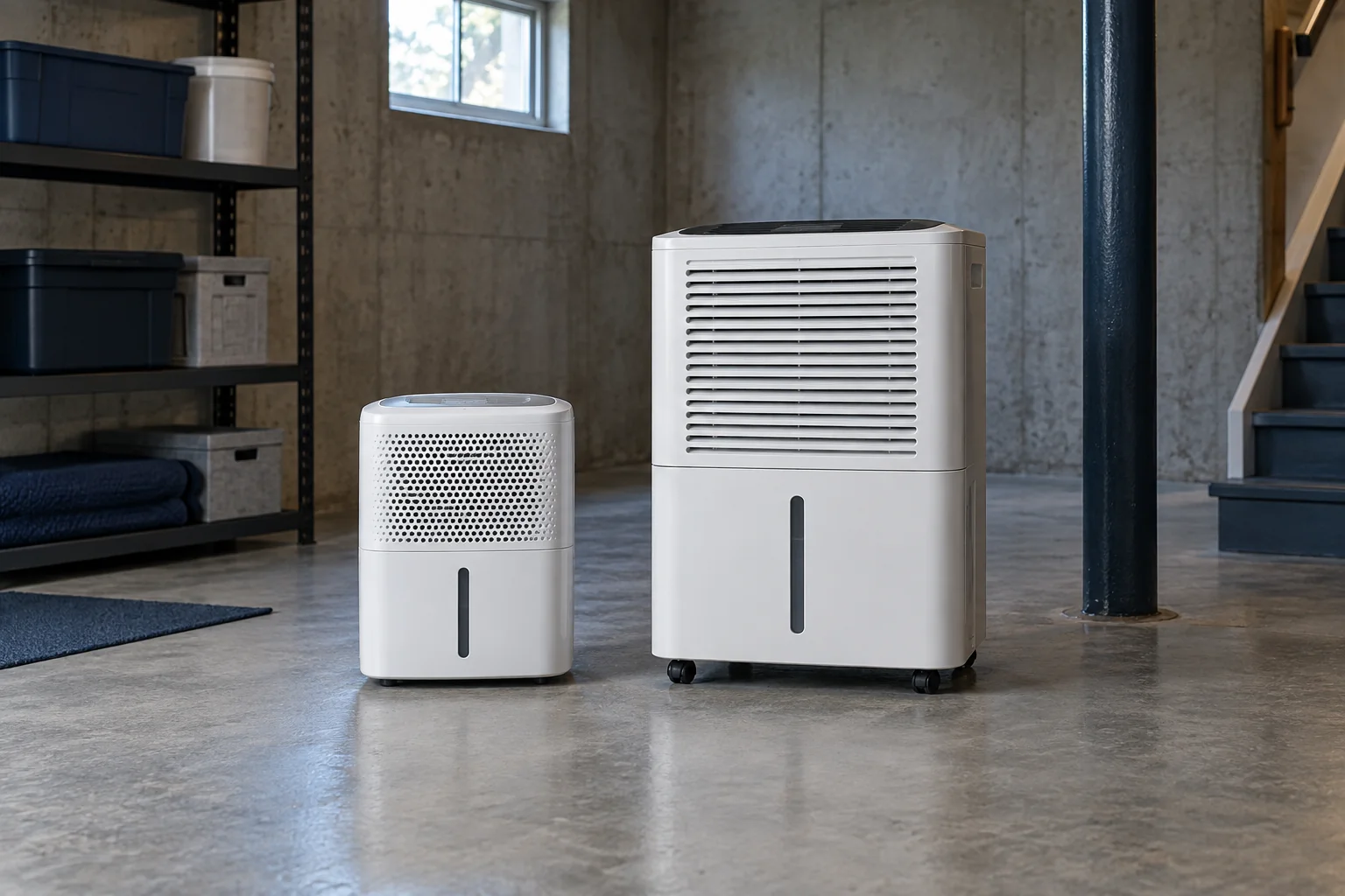 Two different-sized unbranded dehumidifiers in a basement