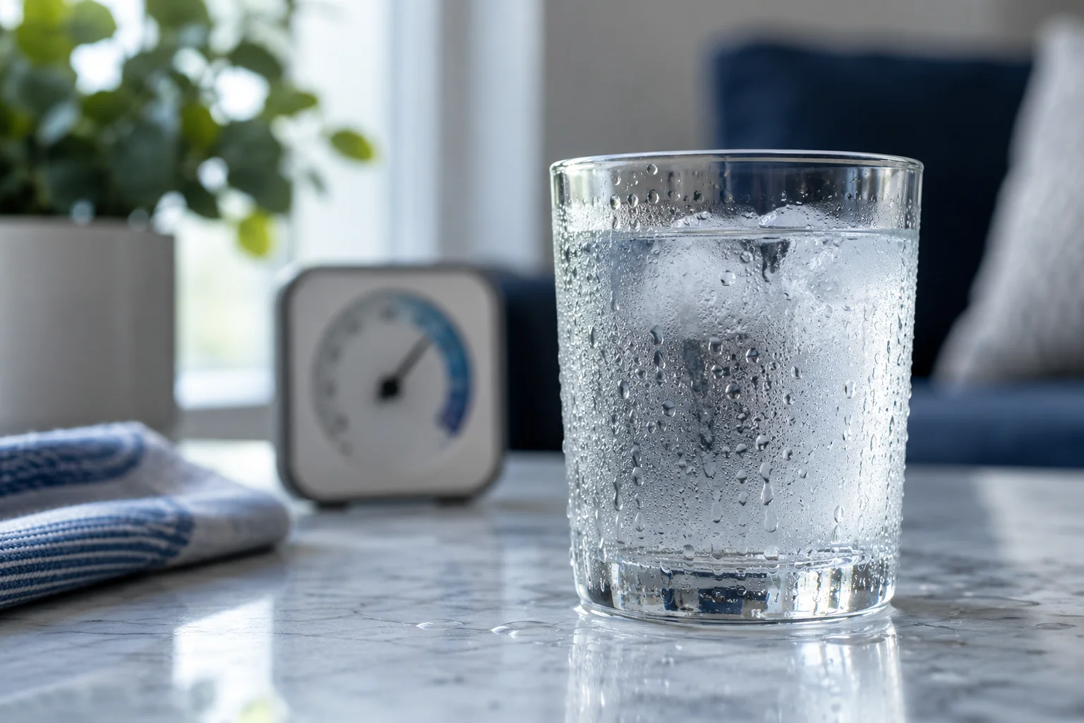 Droplets on a cold glass with a humidity sensor behind it