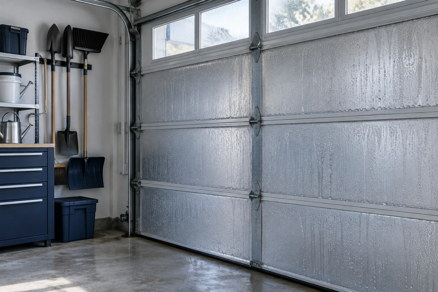Condensation on a metal garage door beside stored tools