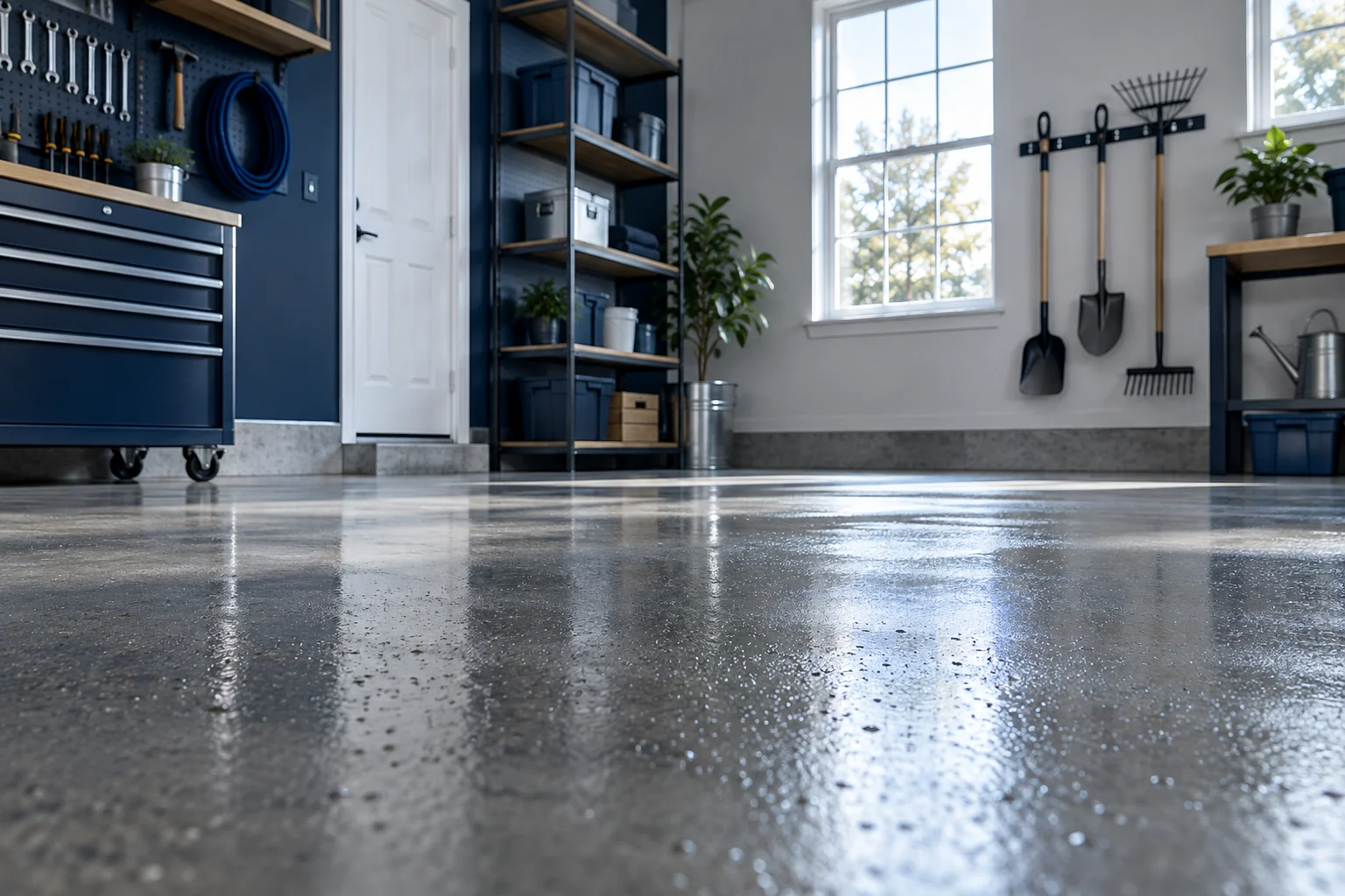 Fine condensation on a concrete garage floor beneath elevated tools.
