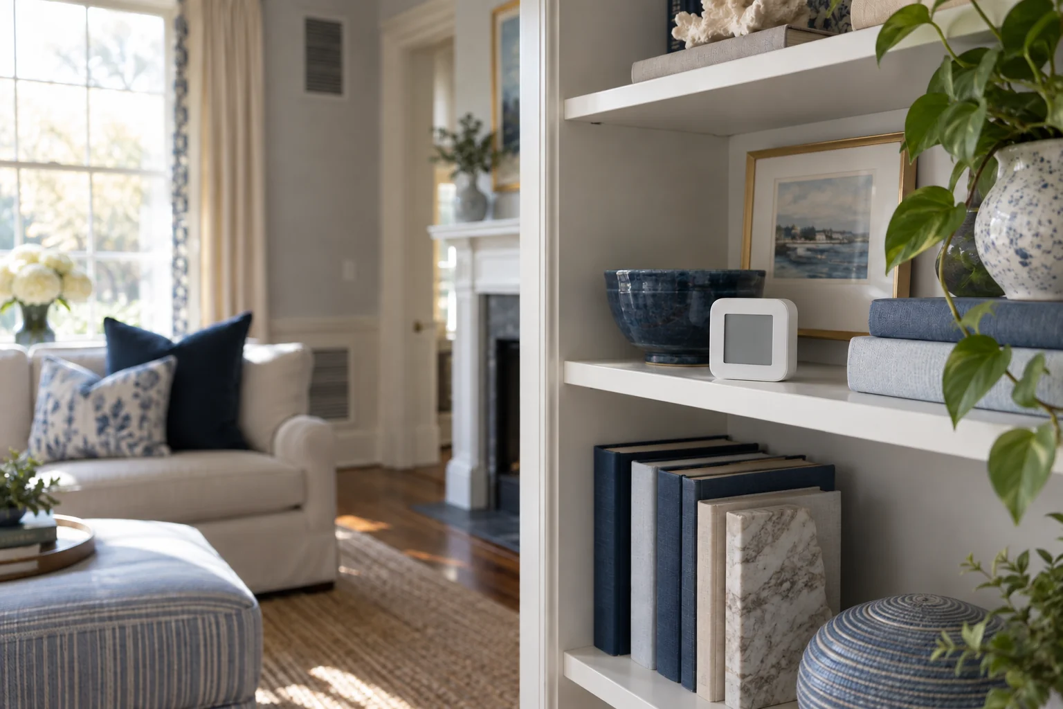 Humidity sensor on an interior bookshelf away from a window and air vent.
