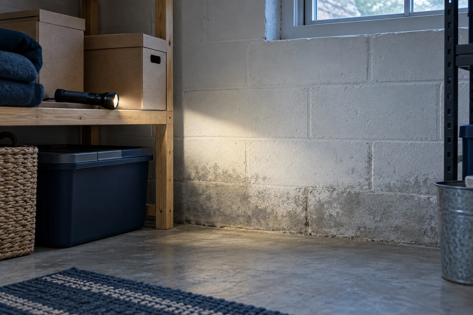 Cardboard storage boxes and a flashlight near subtle basement damp staining