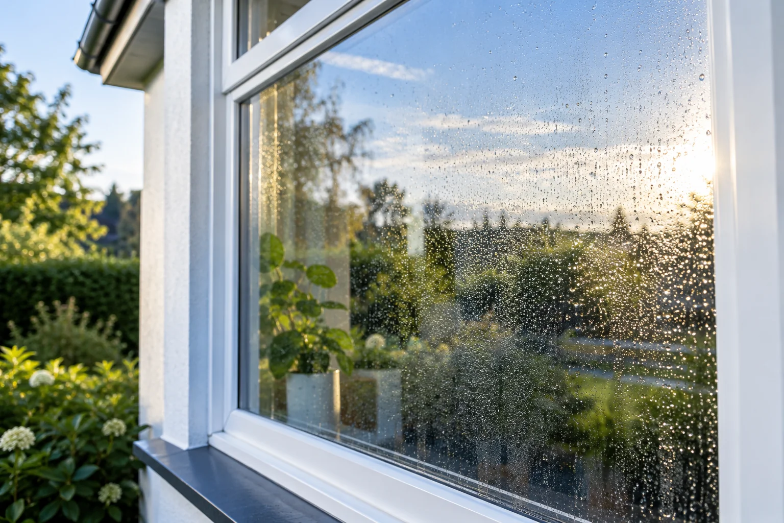 Morning dew on the exterior of a garden window