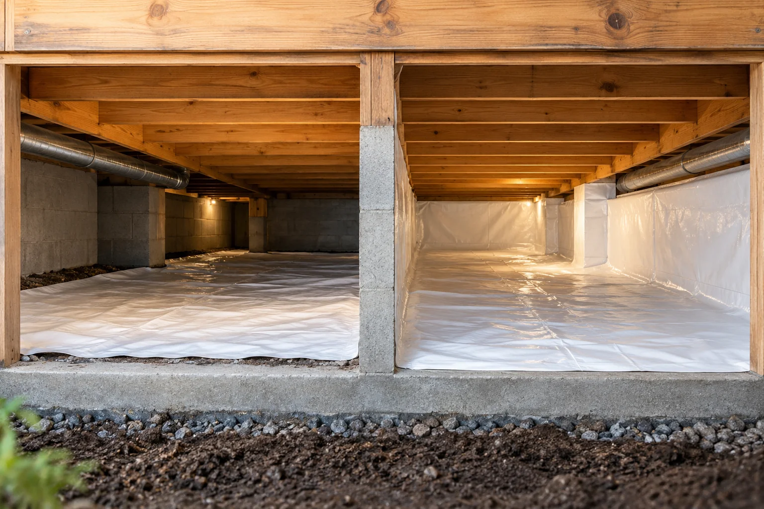 Conceptual crawl-space cutaway comparing ground covering and wall lining