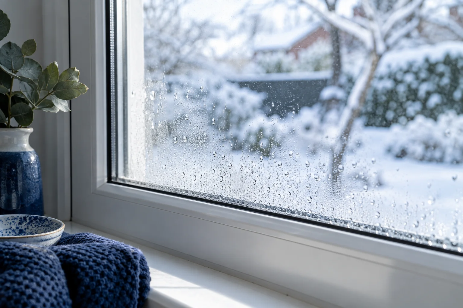 Condensation on a white window overlooking a snowy garden